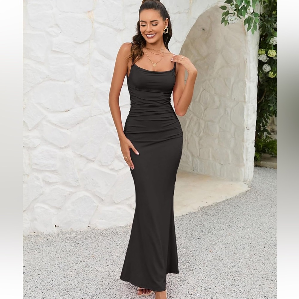 NWT EYNMIN Sleeveless Backless Maxi Spaghetti Strap Ruched Body-con Dress, XS